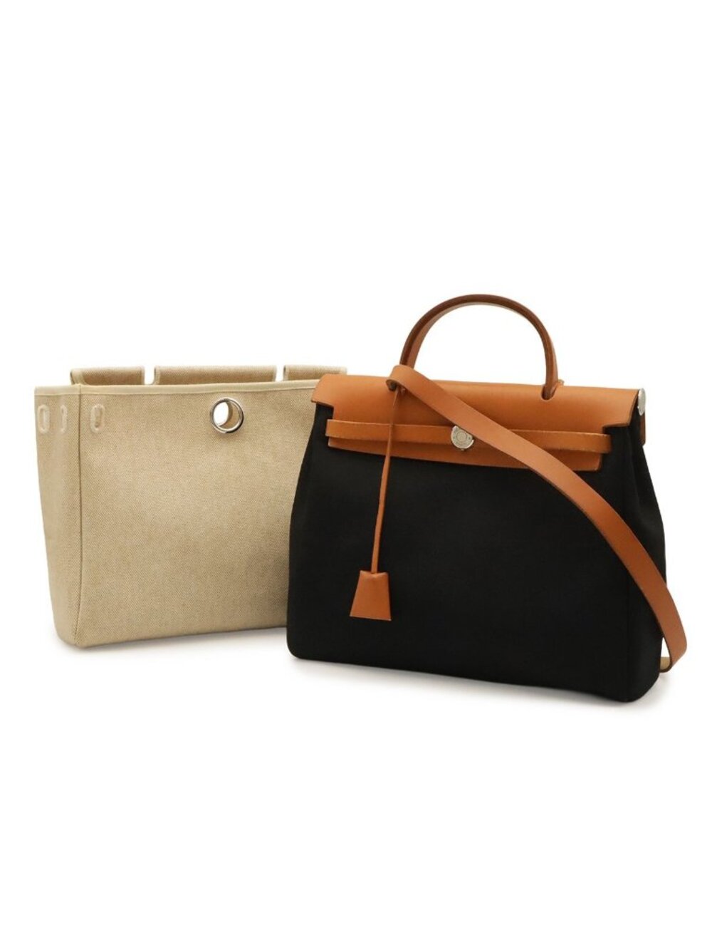 Hermes Herbag PM 2-Way Shoulder Bag Toile Officier GM Black Brown Beige